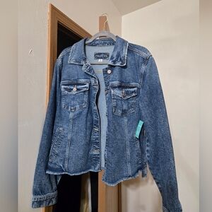 Maurices Blue Denim Jean Jacket with Frayed Hem
